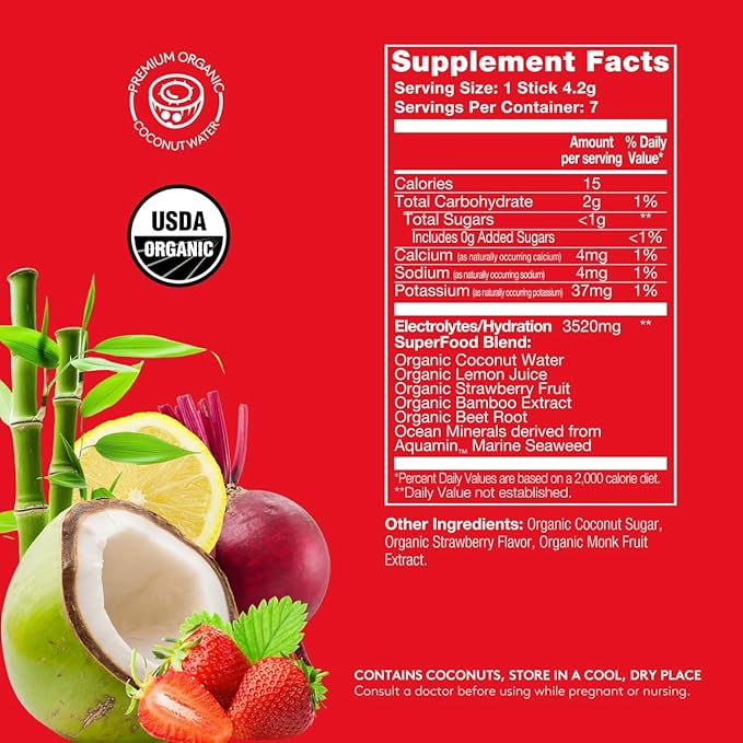 Organic Electrolytes + Hydration Drink Mix, Superfood Hydration Sticks, SuperStix by Sol-ti, Non-GMO, Vegan, Strawberry Lemon, 14 Single-Serving Sticks