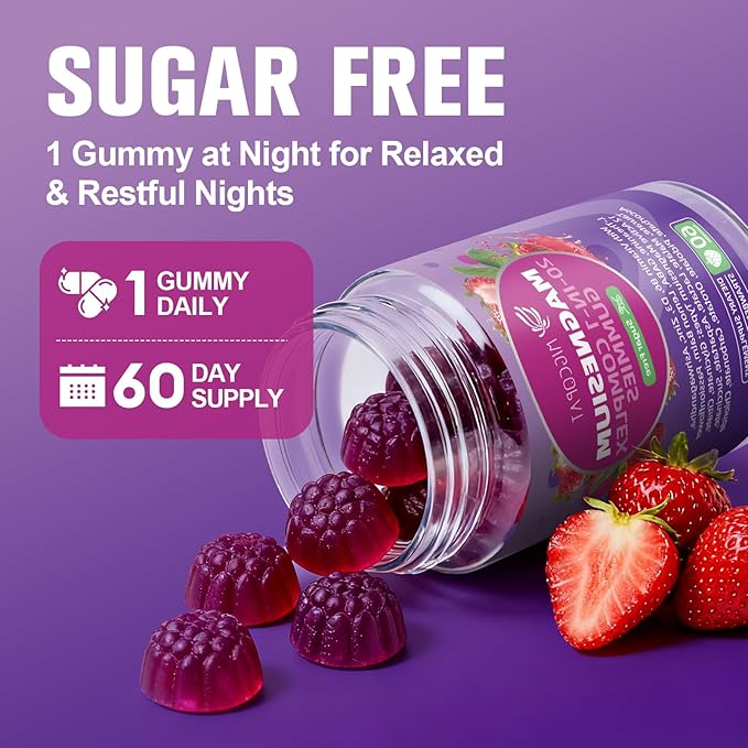 Magnesium Complex Gummies, 20 in 1 Magnesium Gummy with Glycinate Citrate Malate Taurate - Ashwagandha, L-Theanine, D3&Zinc for Relaxation, Sleep, Muscle&Heart Support, Strawberry, 60 Cts