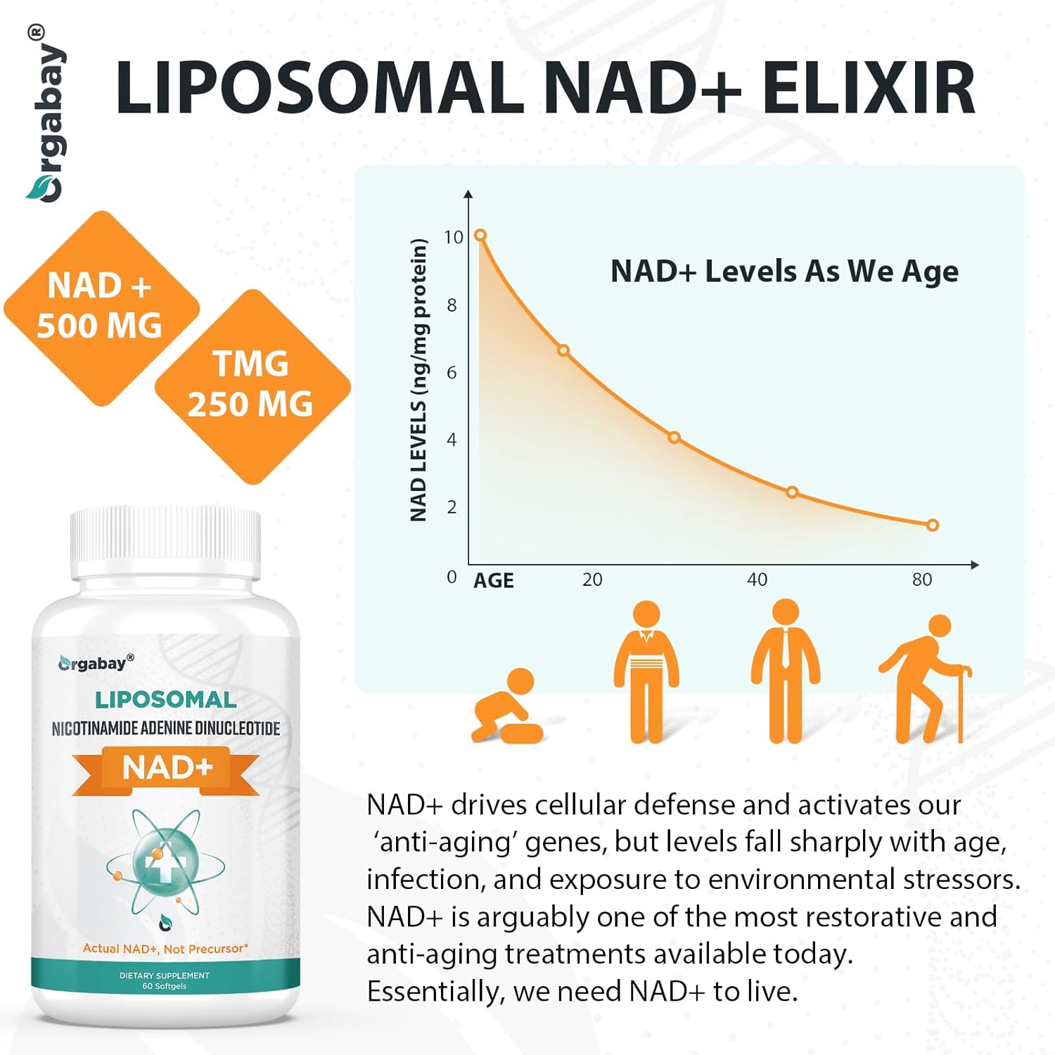 Orgabay Liposomal NAD+ Supplement 500 mg, High Absorption, Boost NAD+ with TMG 250 mg, Actual NAD Plus More Efficient Than Nicotinamide Riboside, Support Cellular Energy, Healthy Aging | 600 Softgels