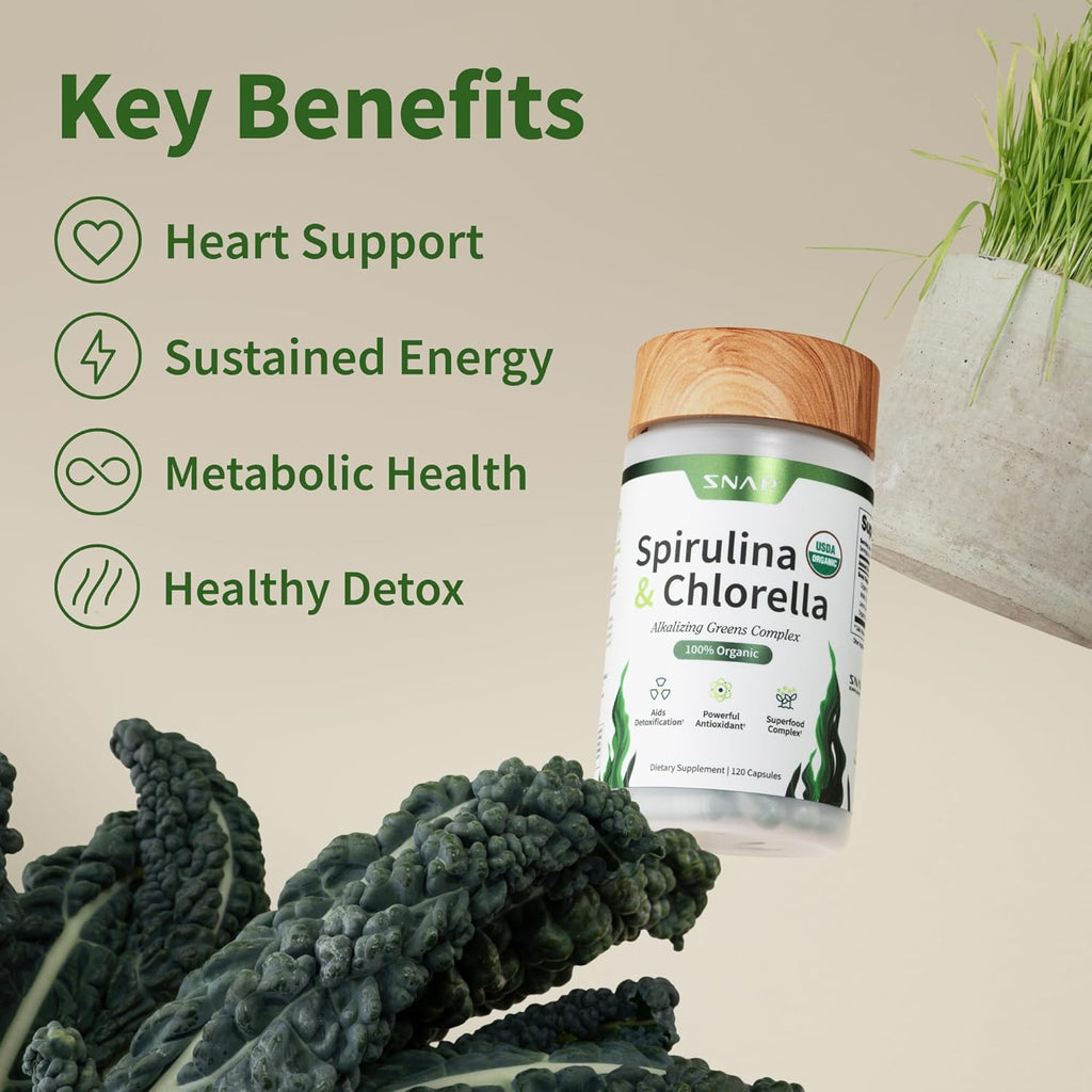 Snap Supplements Organic Spirulina and Chlorella Capsules, Chlorophyll and Protein Rich Blue Green Algae Superfood Supplement for Energy and Immune Support, Vegan, Non GMO, Greens Blend, 120 Capsules