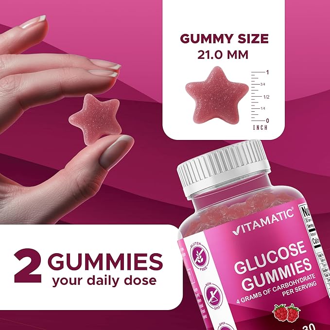 Vitamatic Glucose chewable Gummies - 60 Count - Natural Raspberry Flavor - 4G of Carbohydrate per Serving (1 Bottle)
