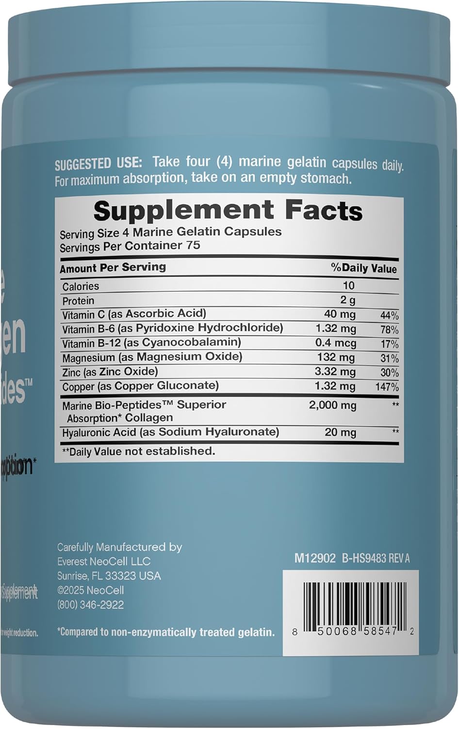 NeoCell Marine Collagen Peptides Capsules | 300 Pills | with Hyaluronic Acid | Plus Vitamin C | Superior Absorption Bio-Peptides for Women and Men | Premium Formula Supplement