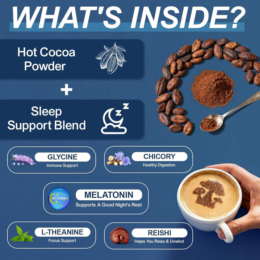 Mushroom Hot Cocoa, Cocoa Powder with Reishi Mushroom, Melatonin, Glycine, Cacao, L-Theanine, Chicory to Help Fall Asleep and Stay Asleep, 20 Servings