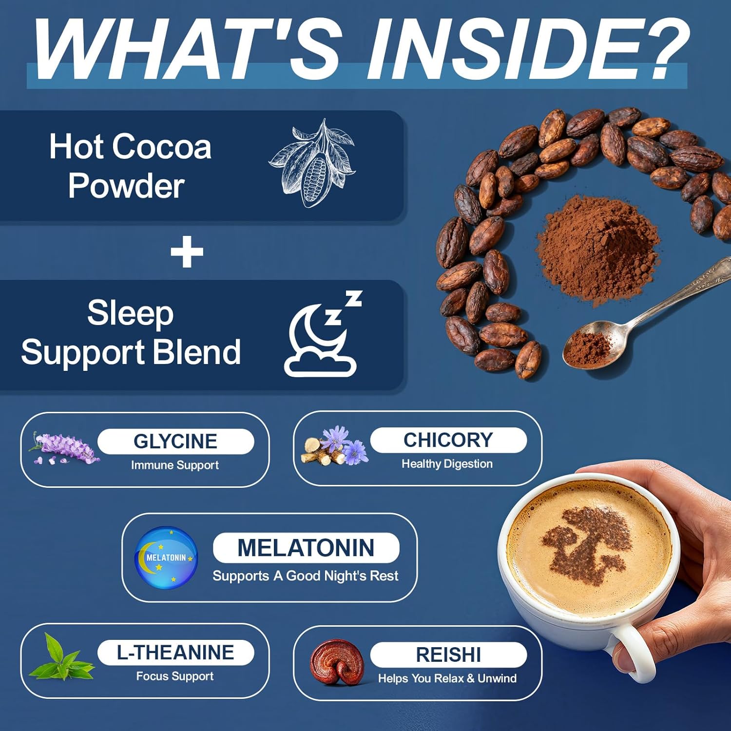 Mushroom Hot Cocoa, Cocoa Powder with Reishi Mushroom, Melatonin, Glycine, Cacao, L-Theanine, Chicory to Help Fall Asleep and Stay Asleep, 20 Servings