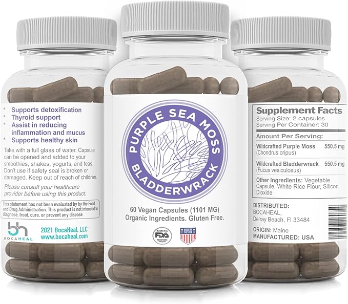 Purple Seamoss + Bladderwrack Seaweed Capsules - 2202mg Complete Nutrient Profile, Wildcrafted & Wildharvested, Made in the USA, Rich in Minerals, 60 ct