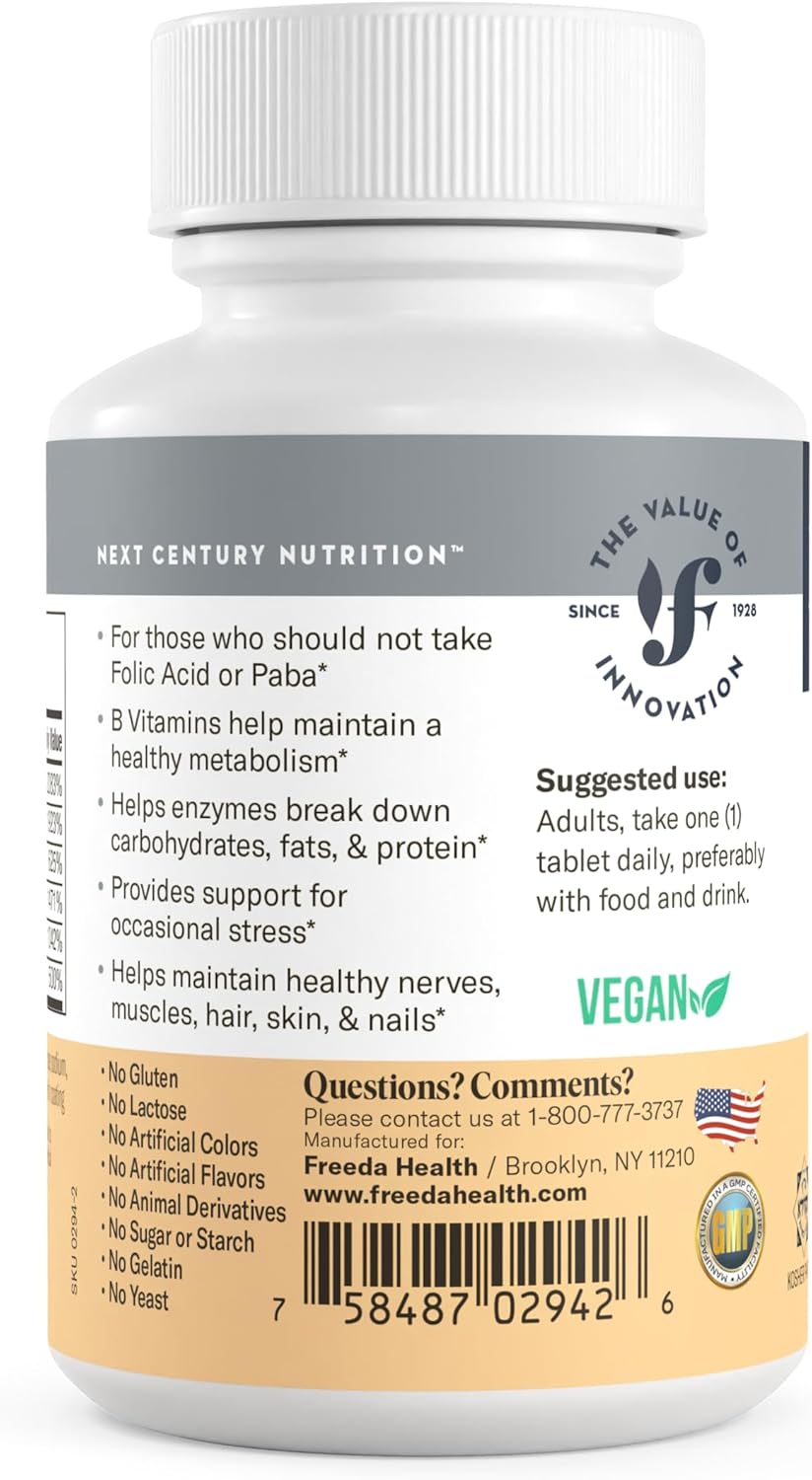 Freeda Vitamin B Complex No Folic No PABA - Super B Complex Kosher Vitamin Supplement with Vitamin B1 Vitamin B2 Vitamin B3 Vitamin B5 Vitamin B6 Vitamin B12 - Vit B Complex B for Women & Men (250 Ct)