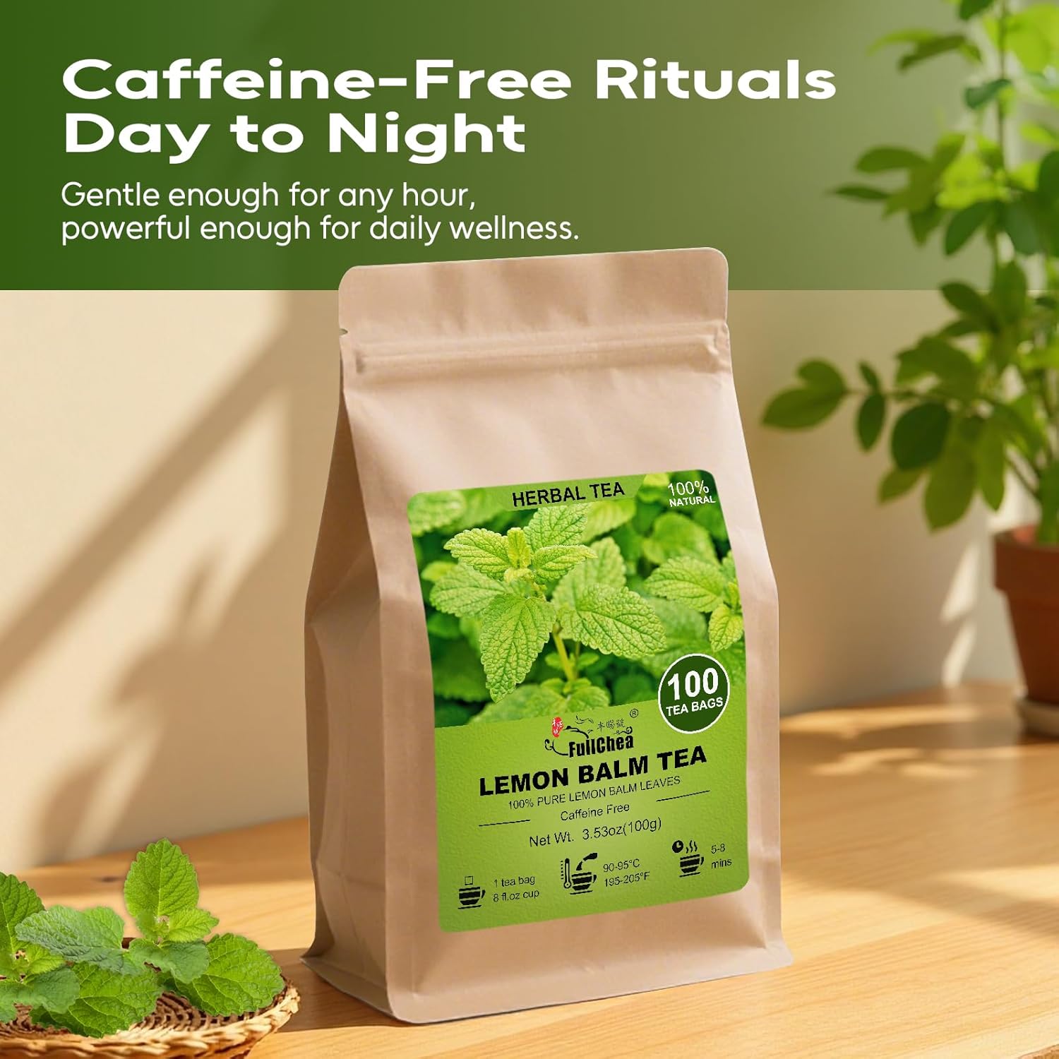 FullChea - Lemon Balm Tea Bags, 100 Count - Pure & Natural Dried Lemon Balm Leaves - Melissa Officinalis - Caffeine-free Herbal Tea for Relaxation - Non-GMO