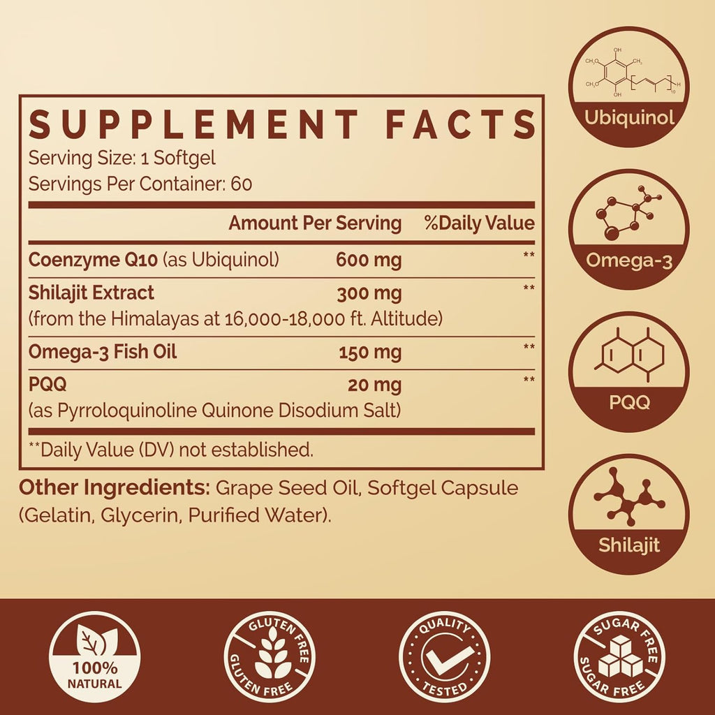 Ubiquinol CoQ10 600 MG Softgels with Omega-3 & Shilajit & PQQ, Advanced Dual-Delivery Coenzyme-Q10, Active CoQ10 Ubiquinol Supplement for Fertility, Antioxidant, Heart, Brain & Energy, 180 Servings