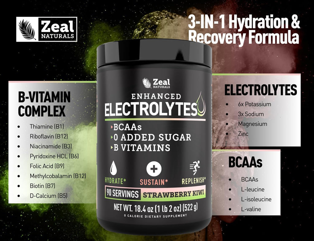 Zeal Electrolyte Powder - 90 Servings | Keto Electrolytes Powder | Zero Sugar, BCAAs, B-Vitamins | Potassium, Zinc, Magnesium | Hydration Powder Recovery Drink | Strawberry Kiwi