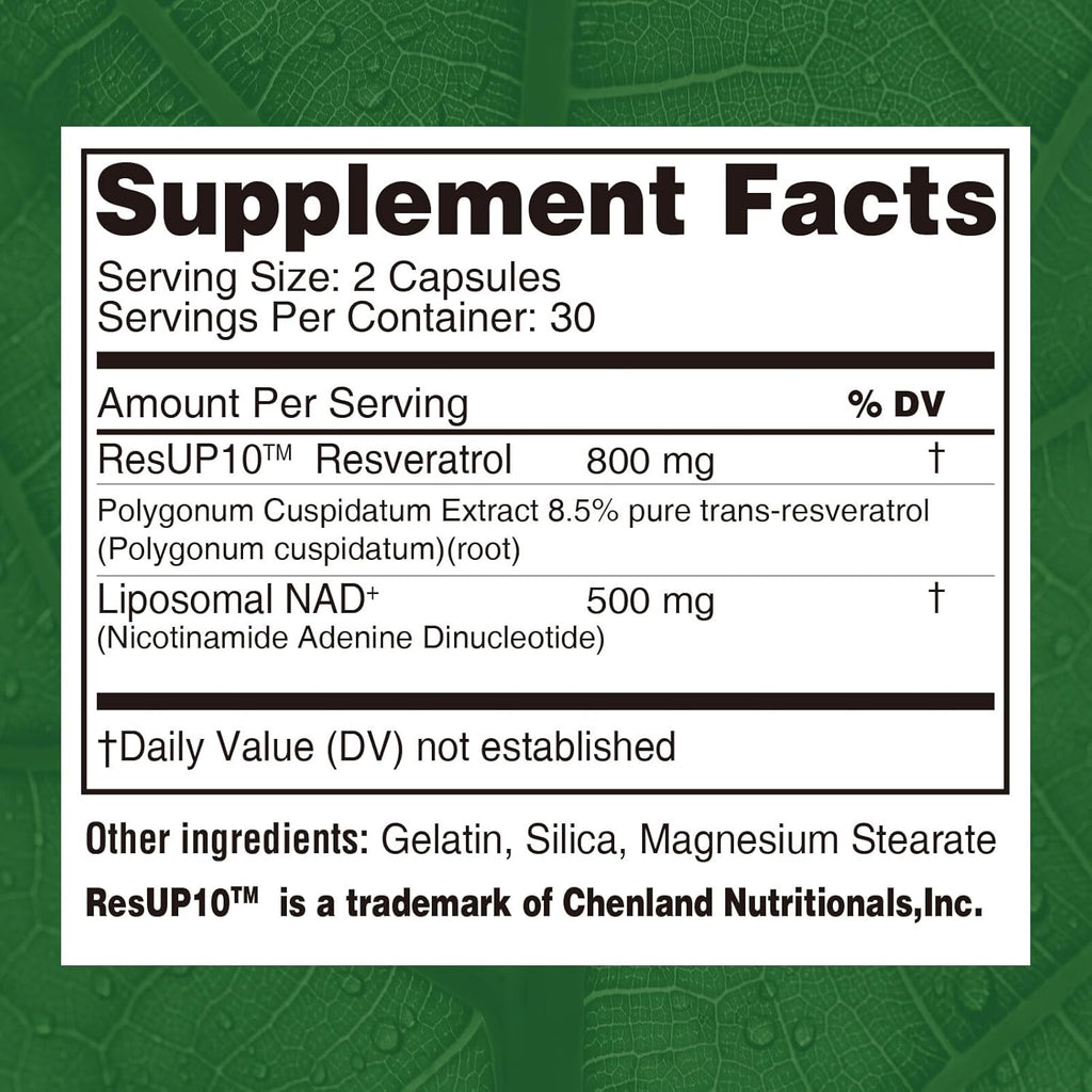 500mg Liposomal NAD+ Supplement, 800mg ResUP10 Resveratrol Complex, Support Aging Health & Cellular Energy, Cardiovascular Supplements,Antioxidant Formula for Men & Women, 30 Servings