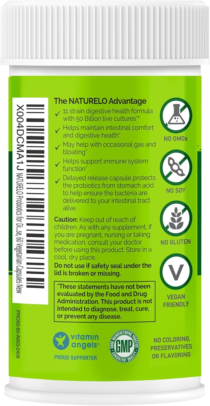 NATURELO Probiotics for Digestive Health, 50 Billion CFU, 60 Vegetarian Capsules, 11 Strains, Daily Use Supplement, Delayed Release, No-Fridge, Boosts Immune System, Probiotics for Women & Men