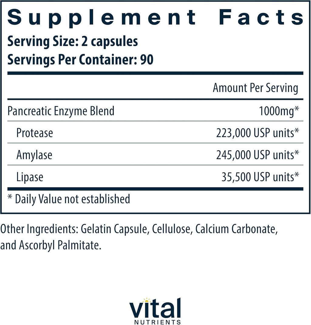 Vital Nutrients Pancreatic Enzymes 1000mg (Full Strength) | Pancreatin Digestion Supplement with Protease, Amylase & Lipase | Digestive Enzymes | Gluten, Dairy, and Soy Free | 180 Capsules
