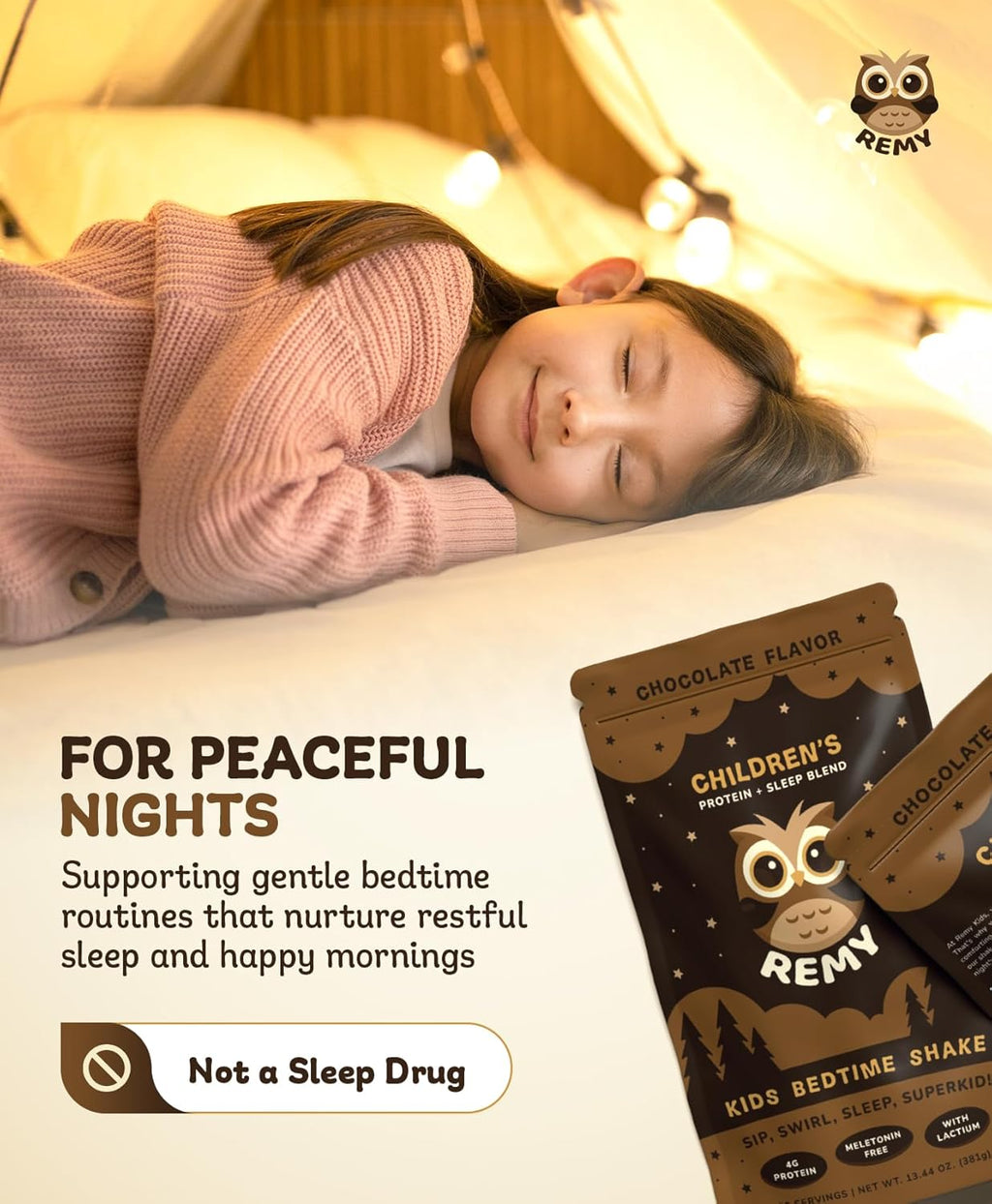 Happy Owl Remy Protein Sleep Aid Supplements for Kids, Melatonin-Free Formula, Lactium, L Theanine, Vitamin D, B6, Calcium & Herbal Extracts Sleep Aid for Kids, Balanced Nutritional Drink, Non GMO