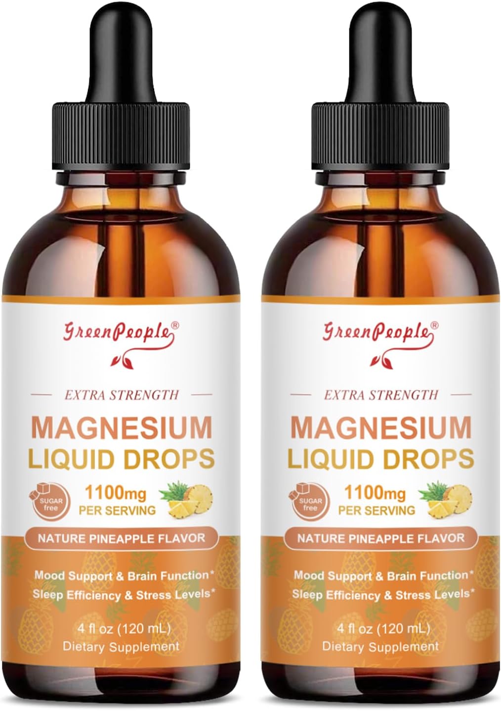 GREENPEOPLE 17-in-1 Triple Magnesium Complex Supplement,Magnesio Liquid Drops with Magnesium Glycinate & Citrate,Pineapple Flavor,Calm Mood,Muscle & Sleep for Adults,4 fl. oz 2Pack