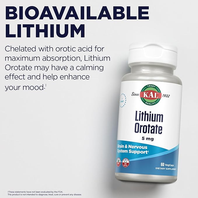 KAL Lithium Orotate 5mg | Low Serving of Chelated Lithium Orotate for Bioavailability & Mood Support | in Organic Rice Bran Extract Base | 60 VegCaps