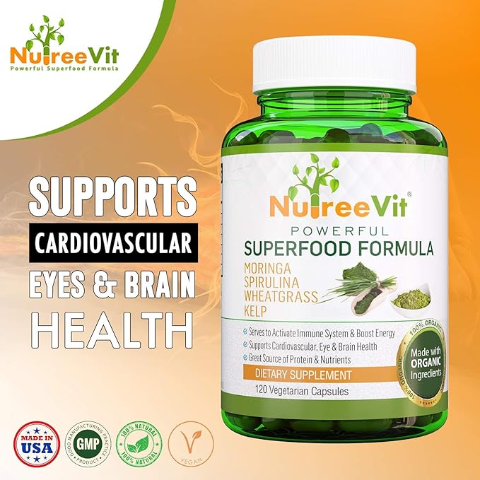 NutreeVit 100% Organic Powerful Superfood Formula - Immune System Booster Energy Pills with Moringa, Spirulina, Wheatgrass, and Kelp - 90 Count Bottle