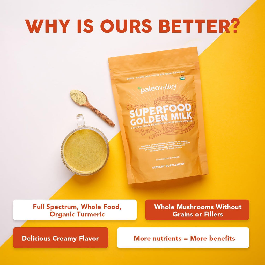 Paleovalley Organic Superfood Golden Milk - Immune, Focus, Cognitive, Longevity - Turmeric, MCT-Rich Coconut Milk, Functional Mushrooms, 28 Servings