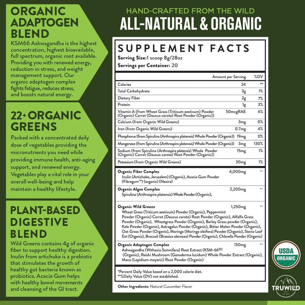 TruWild Greens Superfood Juice Powder, with 22+ Greens & Anti-Oxidants, Green Juice Powder, Natural Immune, Stress, Digestion Support, 40 Servings, 2 Pack