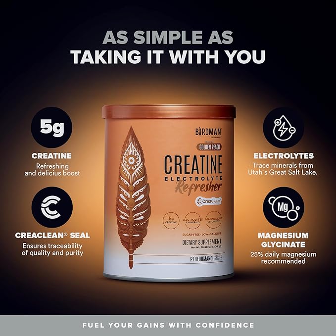 BIRDMAN Creatine Refresher | Creatine Monohydrate Powder with Electrolytes, Magnesium Glycinate & Vitamins | Creaclean Seal | Sugar Free, Low Calorie | Golden Peach | 30 Servings