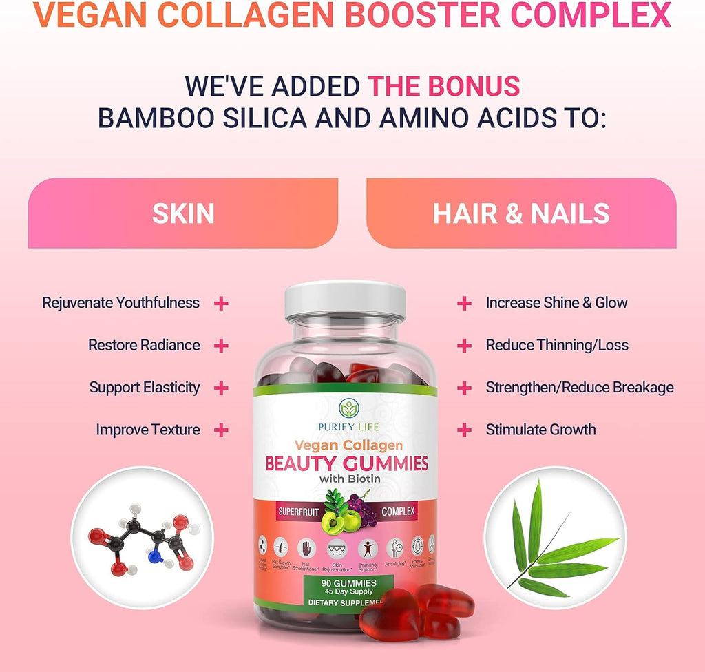 Purify Life Vegan Collagen Gummies with Biotin Vitamins for Hair Skin and Nails Health, (90 Chews) Collagen Support Superfruit Complex with Resveratrol, Vitamin A, E, C - Replace Capsules, Pills