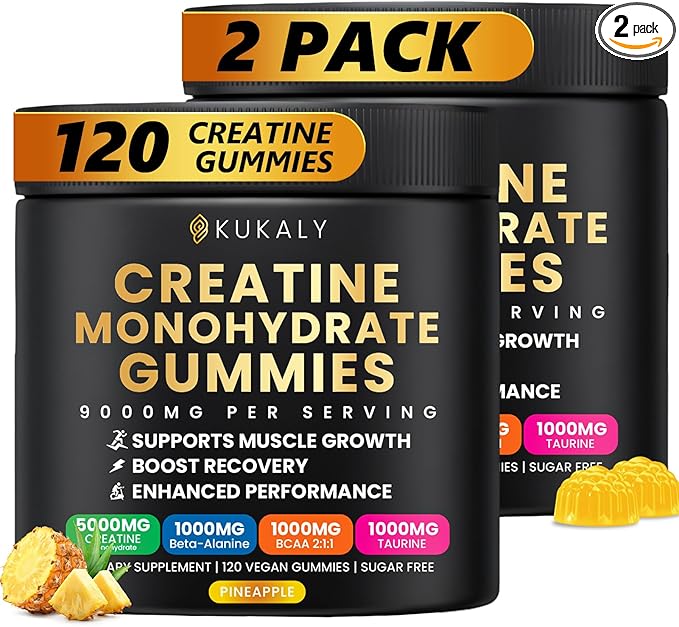 Creatine Monohydrate Gummies for Men & Women, 9000MG Creatine Gummies Sugar Free with L-Taurine, BCAA 2:1, B12 B6 for Boost Strength, Focus & Endurance, Vegan, Non-GMO, Pineapple 120*2 Bottle