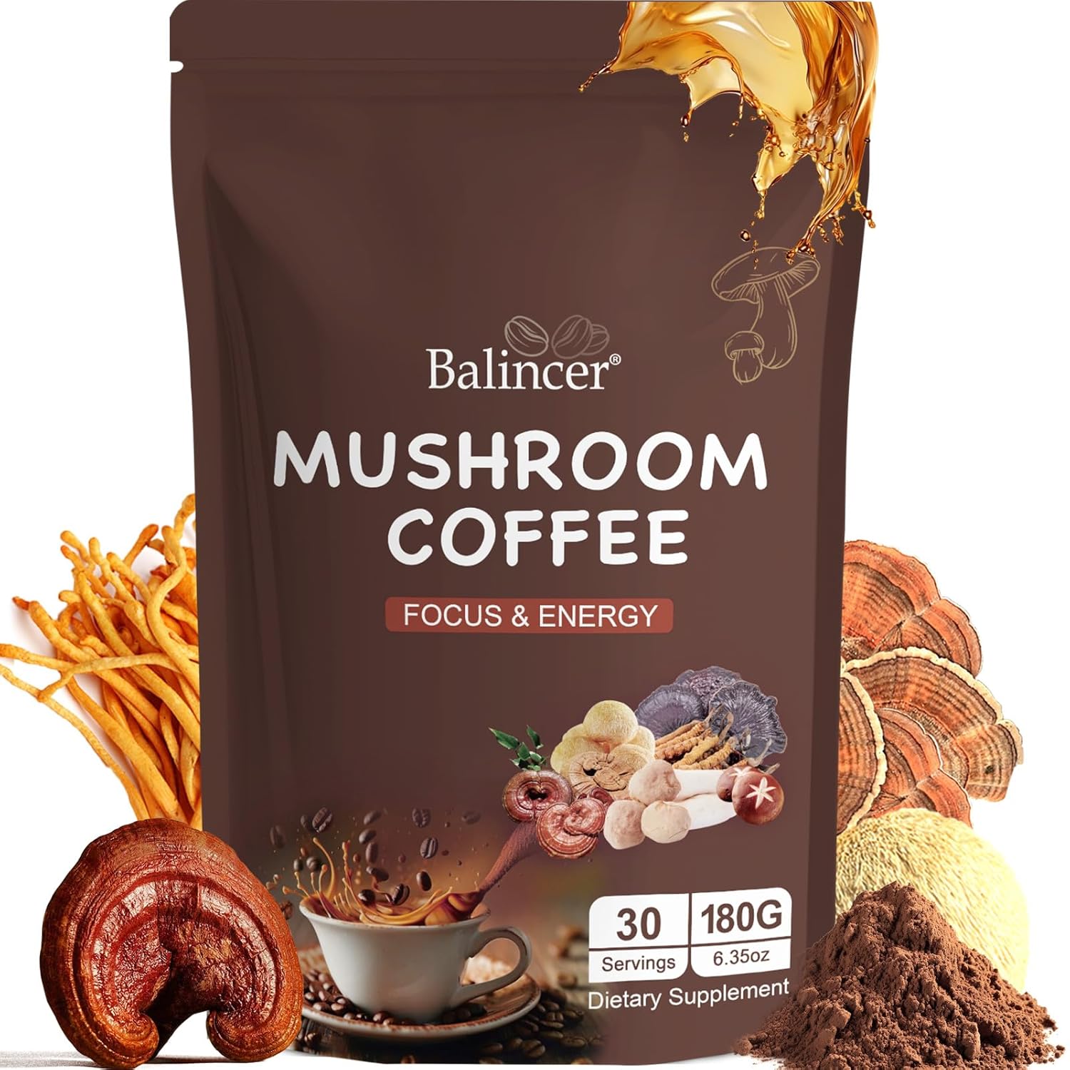 Mushroom Coffee, 6 Adaptogenic Mushrooms (Lion's Mane, Cordyceps, Turkey Tail & Other) Mixed with Premium Instant Coffee for Focus, Energy, Immune and Gut Health Support, 30 Servings