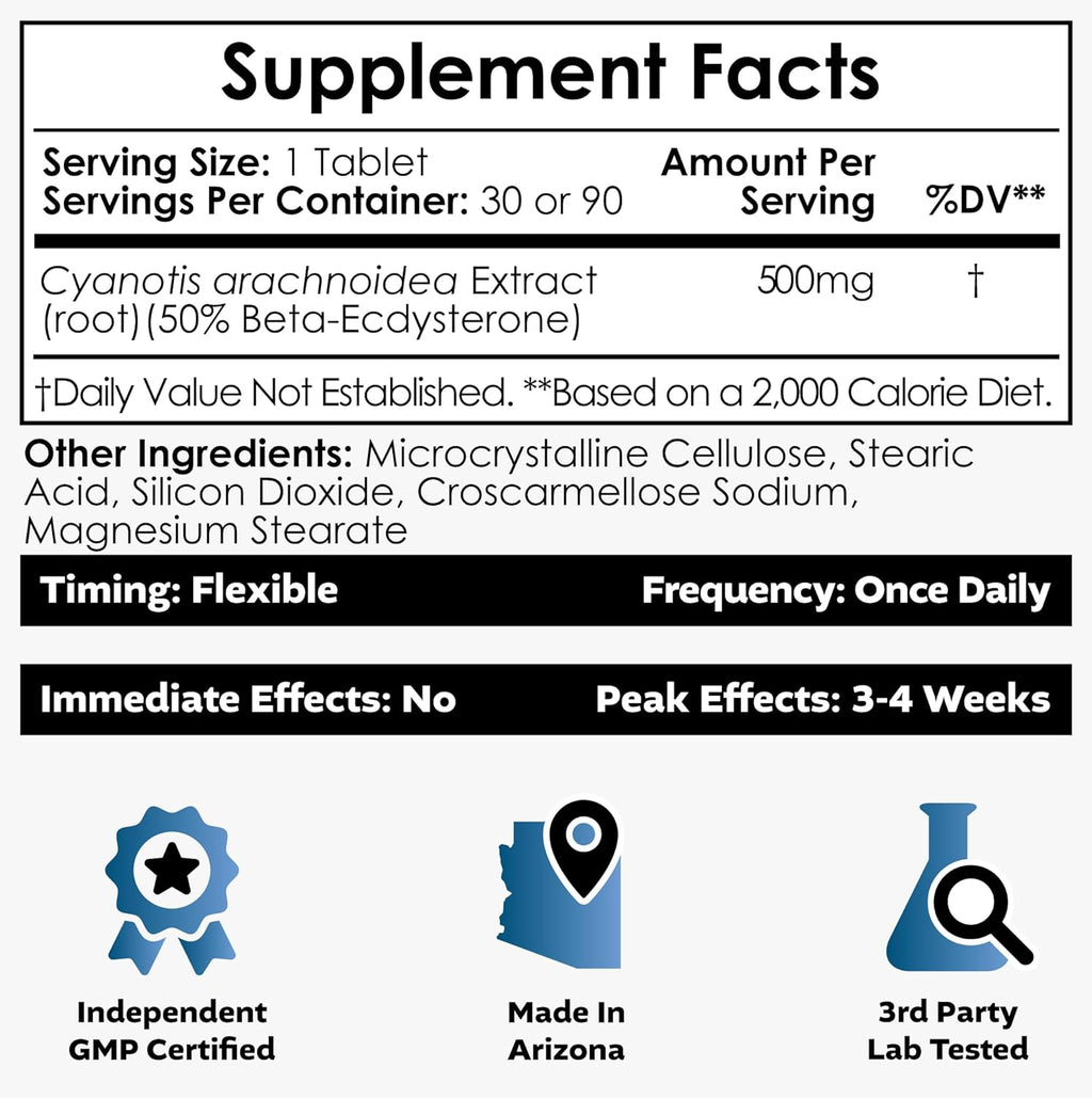 Nootropics Depot Beta Ecdysterone/20-Hydroxyecdysone 50% Tablets | 500mg | Cyanotis Arachnoidea Extract | Phytoecdysteroid | 30 Count