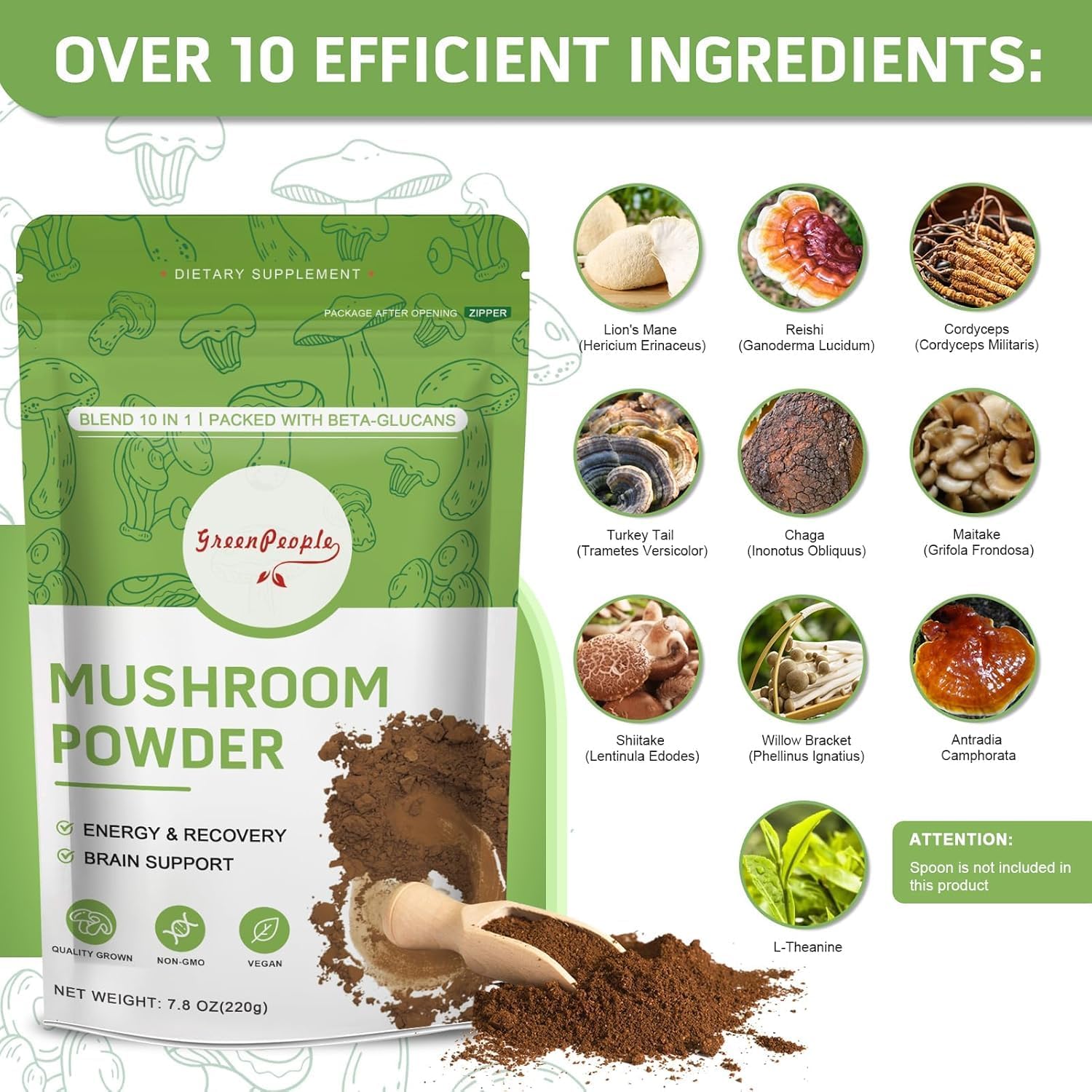 Mushroom Powder Mushroom Supplement - 10-in-1 Mushrooms Lions Mane Powder with Reishi/Cordyceps/Chaga/Turkey Tail/Maitake/Complex for Cognitive Function & Immune Support 78 Servings 2PCAKS