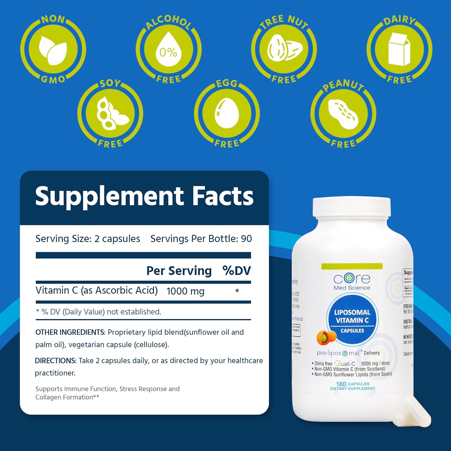 Core Med Science Liposomal Vitamin C 1000mg, 180 Capsules - Non-GMO Natural Liposomal Vitamin C Supplement That Promotes Healthy Skin - Immune System Booster for Adults, Supports Collagen Formation