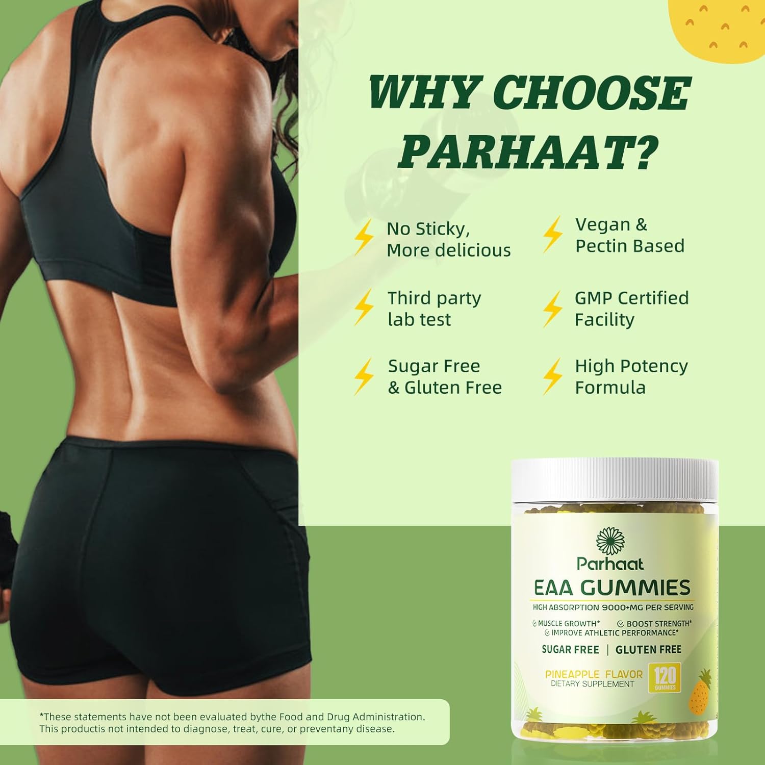 EAA Gummies 120 Gummies (Pineapple), Essential Amino Acids - All 9 Essential Aminos (EAA) and All Branched-Chain Aminos (BCAAs), Non-GMO, Gluten Free, Vegetarian Friendly