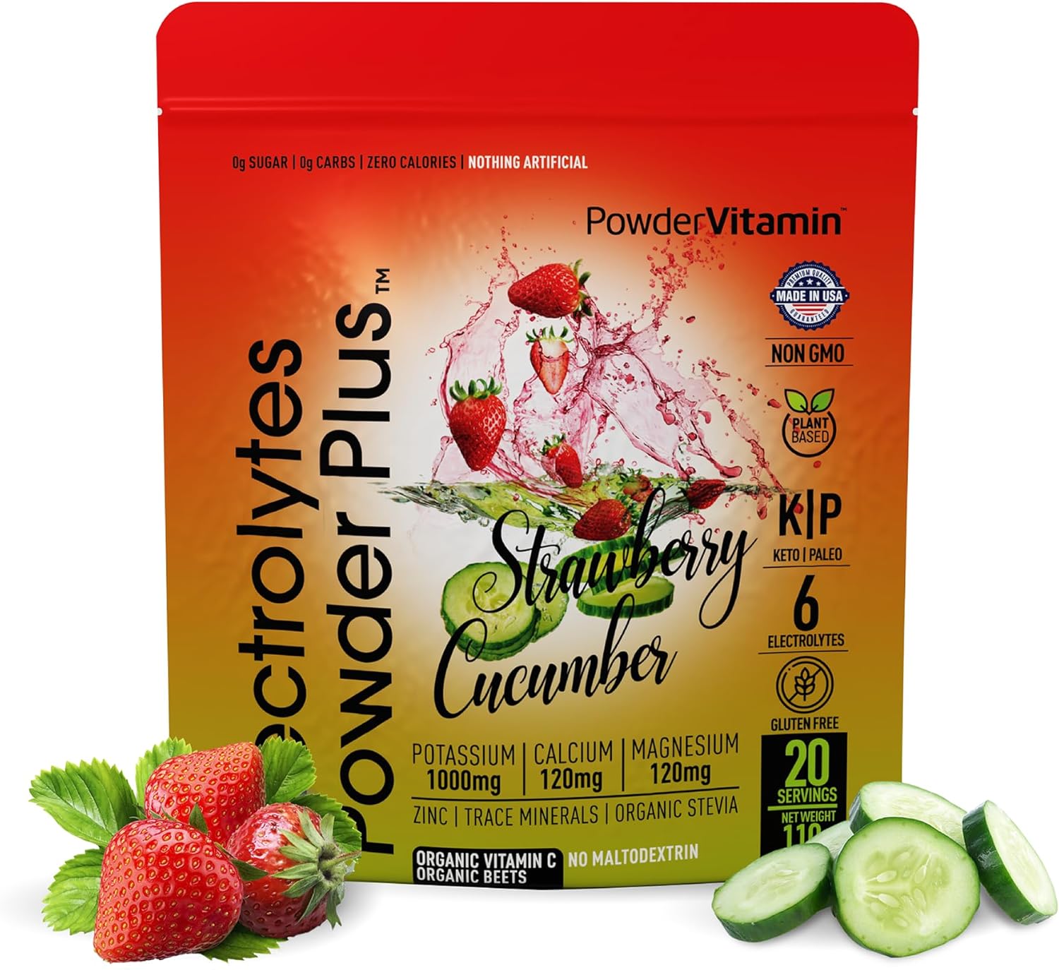 PowderVitamin Electrolytes Powder Plus (20 Servings) Strawberry Cucumber Electrolyte Powder Zero Calorie Keto,0Sugar,No Maltodextrin,1000mg Potassium,120mg Calcium,120mg Magnesium, Pink Himalayan Salt