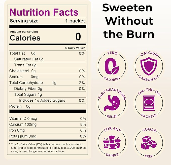 Sweet Relief Soothe Natural Antacids for Acid Reflux - Calcium Carbonate Heartburn Relief, Zero Calorie Sweetener, Beverage Enhancer (100 Count)