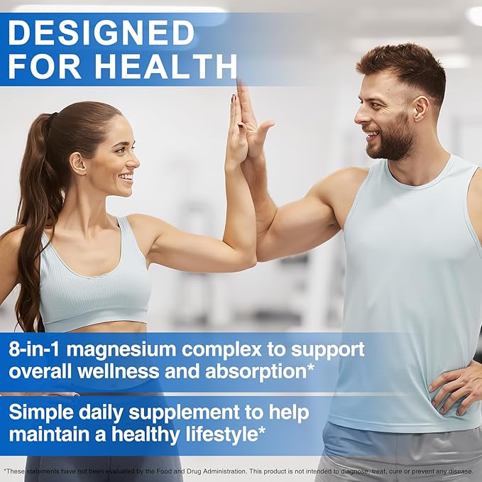 8-in-1 Magnesium Complex Supplement 90 Capsules, 1000mg with Magnesium Glycinate, Citrate, Malate, Taurate, Easy Absorption for Sleep, Muscle Relaxation, Nerve & Heart Health, Energy, Non-GMO, Vegan