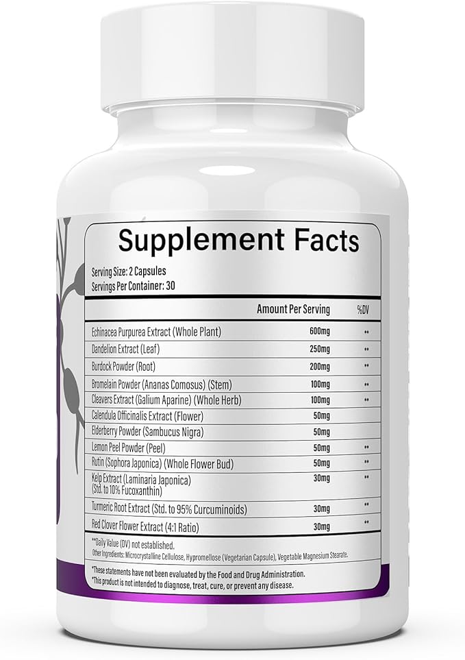 Lymphatic Drainage Supplements, Lymph System Support Supplement for Women & Men with Dandelion, Burdock, Echinacea,Rutin, Turmeric,Cleavers & More,120 Capsules