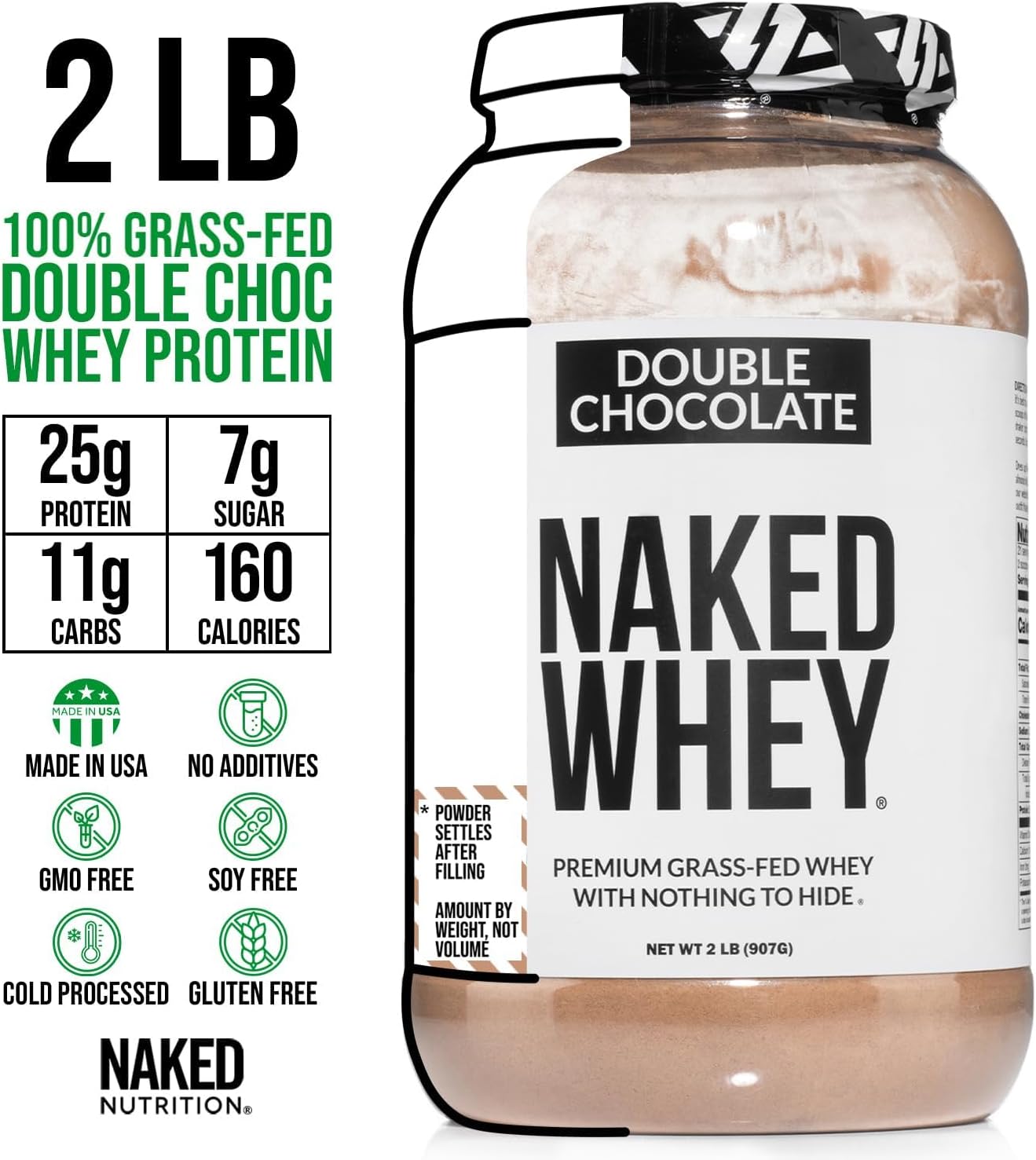 NAKED Whey Double Chocolate Grass Fed Whey Protein Powder, No GMO, No Soy, and Gluten Free. Nothing Artificial, Aid Growth and Recovery - 21 Servings