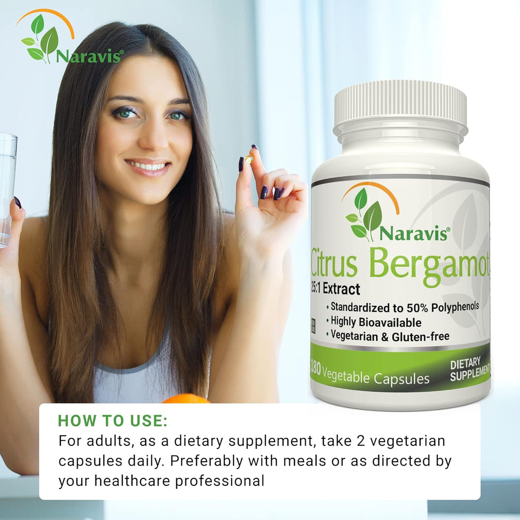 Citrus Bergamot Extract - 180 Capsules - 25:1 Extract - 50% Polyphenols - Black Pepper for Enhanced Absorption - Cholesterol lowering Supplements - Polyphenols Supplement