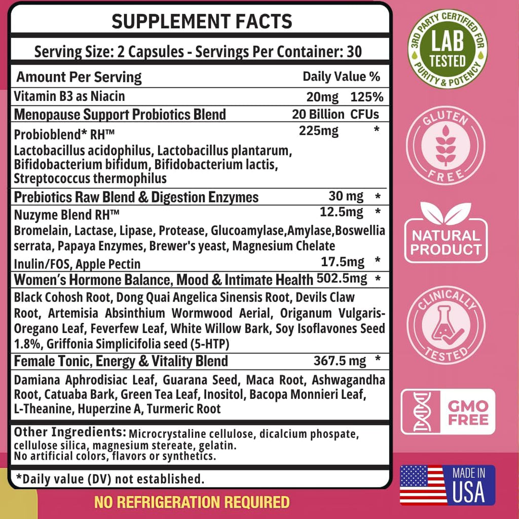 Lovely Menopause Supplement + Hormone Balance + Weight Management, Hot Flashes, Mood Swings, Vaginal Health & Dryness | Black Cohosh, Dong Quai, Ashwagandha + Probiotics, Woman Supplement, 60 ct