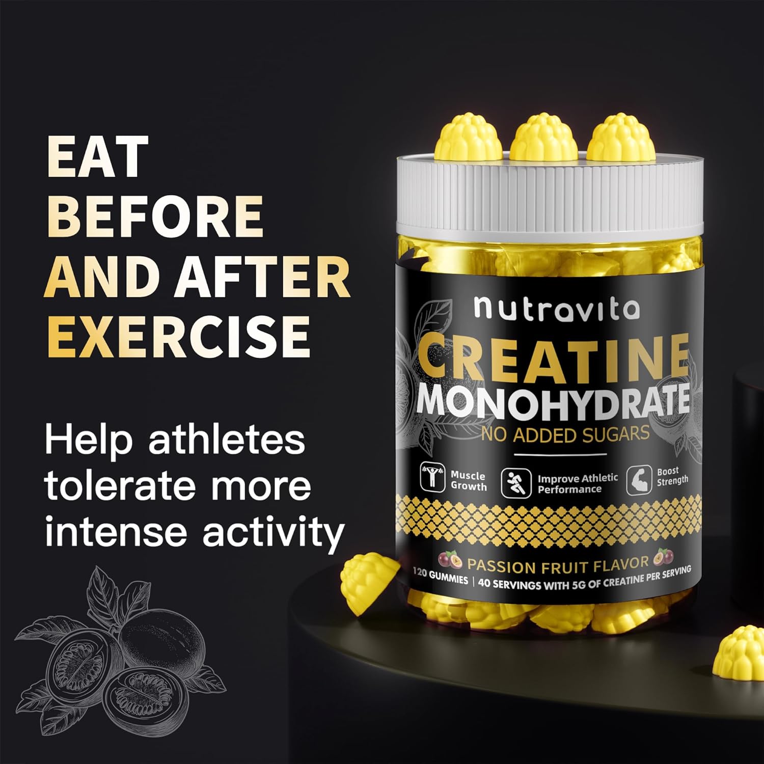 Creatine Monohydrate Gummies for Men & Women-5g of Creatine Monohydrate per Serving - Sugar Free,Vegan, Passion Fruit Flavor, 120 Count