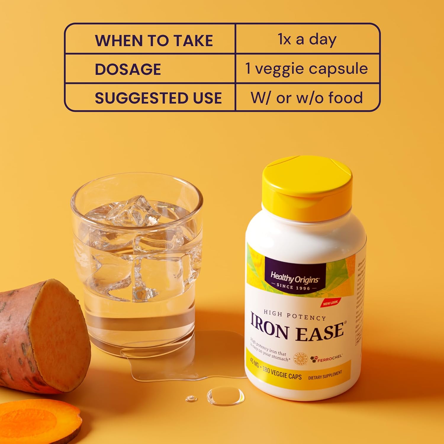 Healthy Origins Iron Ease 45 mg (Featuring Albion Ferrochel, Non-GMO, High Potency, Ferrous Bisglycinate Chelate), 180 Veggie Caps