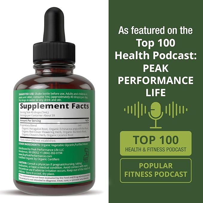 USDA Organic Lymphatic Drainage Drops. Sugar Free, Tasty 6-in-1 Lymph System Support for Detox, Cleanse. Vegan Supplement with Astragalus, Echinacea, Red Clover, Cleavers Herb, Licorice & Burdock Root