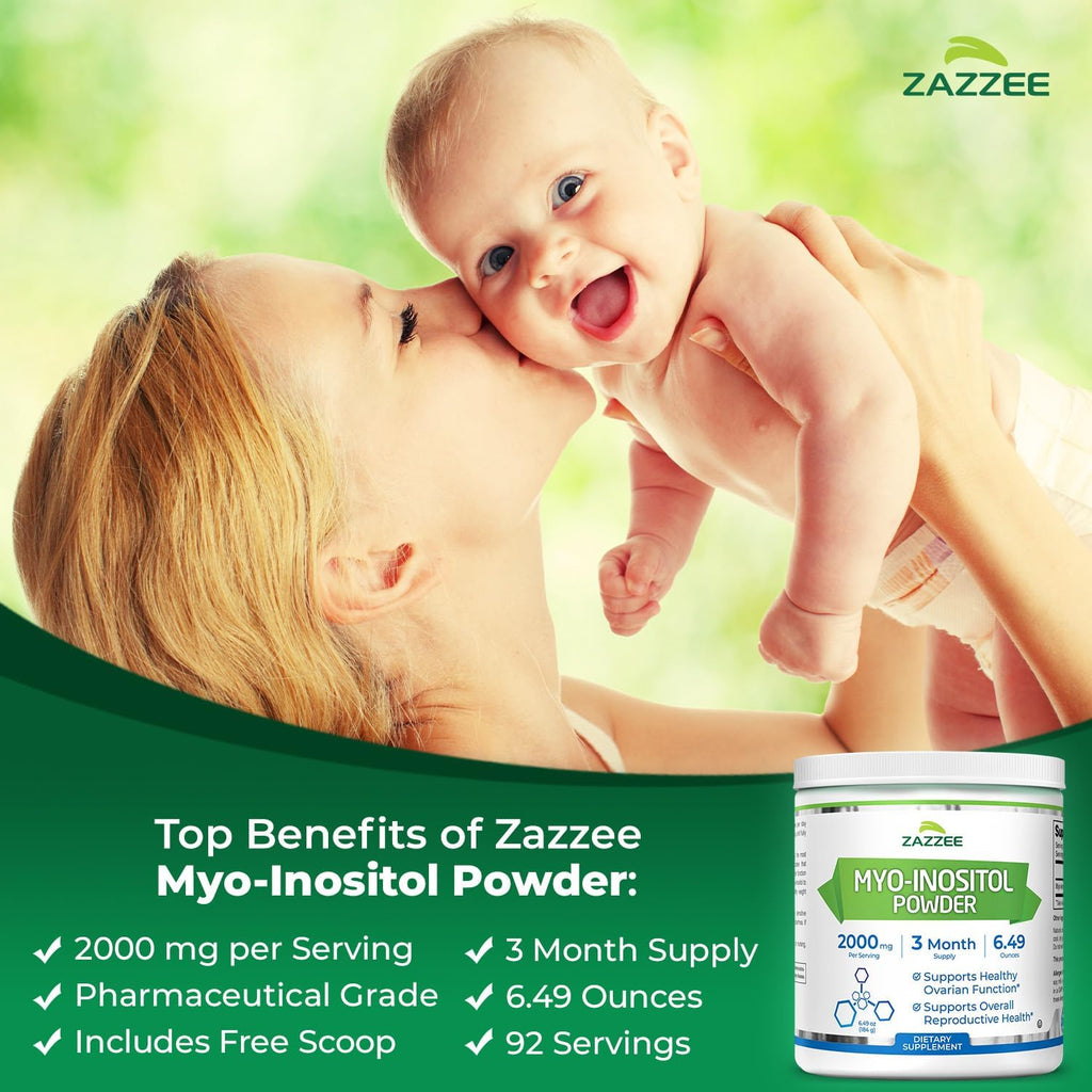 Zazzee Myo-Inositol Powder, 3 Month Supply, 92 Servings, 2000 mg per Serving, Free Scoop for Exact Dosage, 6.49 Ounces, 100% Pure, All-Natural Fertility and Reproductive Support, Vegan, Non-GMO