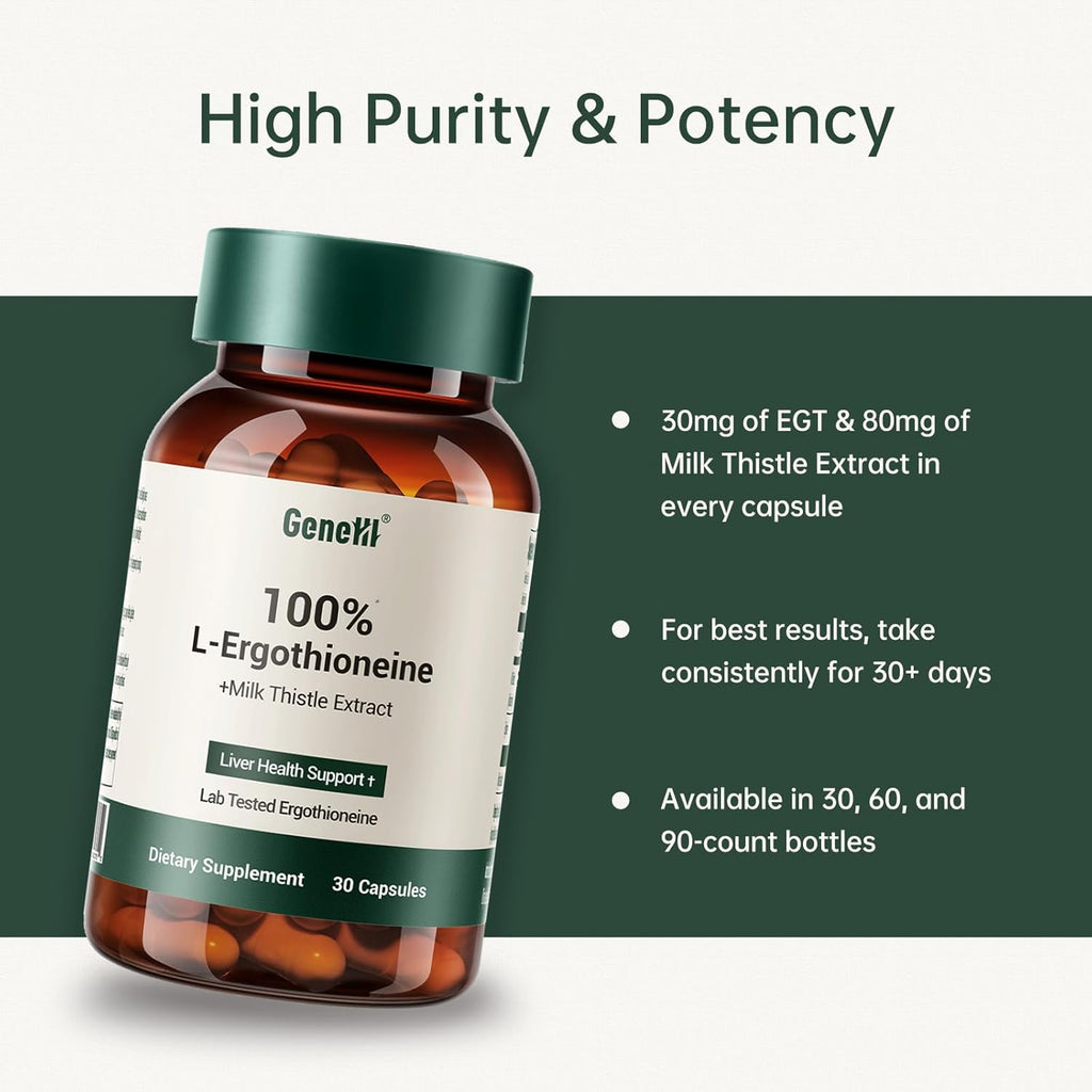 Milk Thistle + L-Ergothioneine Supplement – Advanced Cellular and Liver Health Support – 30mg High-Purity Ergothioneine – Vegan, Non-GMO, 30 Count