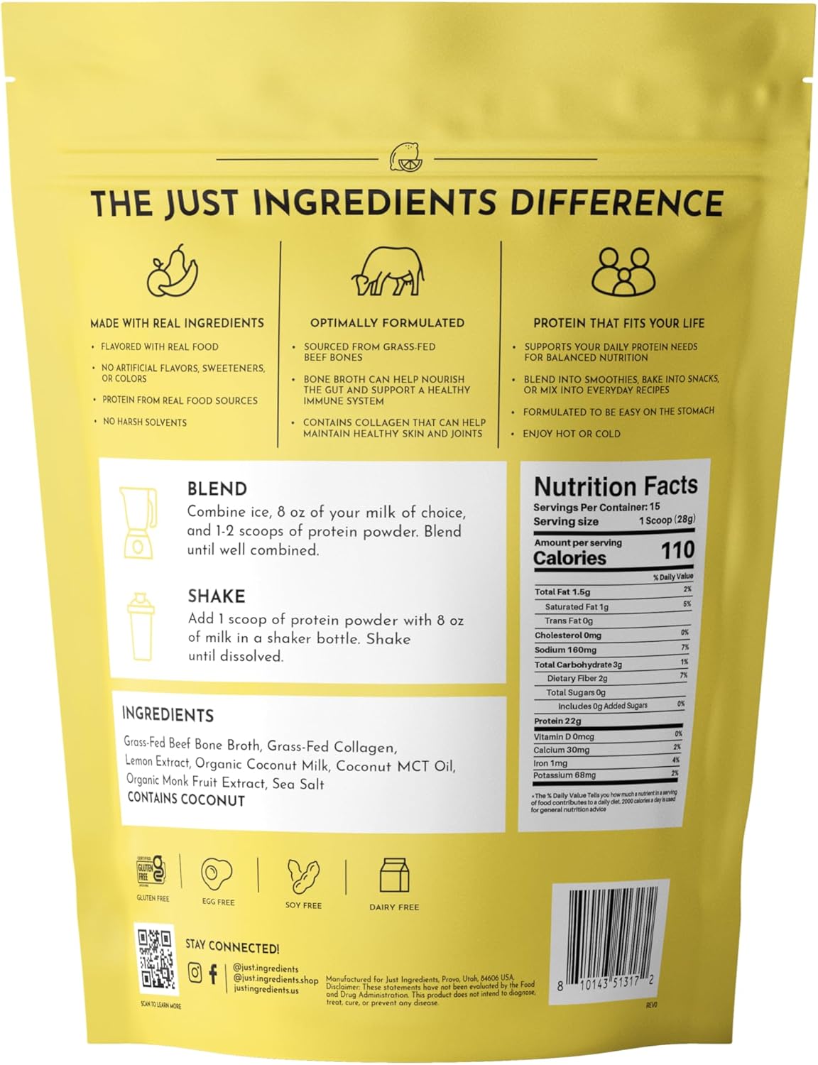 Bone Broth Protein Powder – Lemon Cream | 15 Servings | 21g Grass-Fed Protein per Serving | Dairy-Free | Collagen for Gut, Skin & Joint Support | Made with Real Food Ingredients