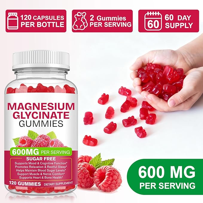 Magnesium Glycinate Gummies 600mg 120 Count - Sugar Free Magnesium Supplement - Supports for Sleep, Memory, Mood, Muscle, Relaxation, Heart & Bone Health