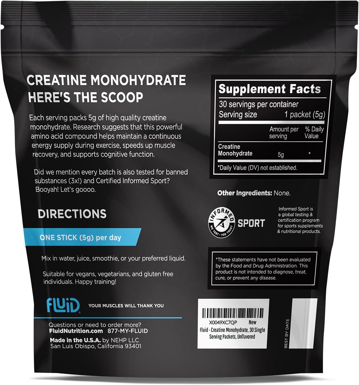 Fluid - Ultra-Fine Micronized 100% Creatine Monohydrate, Informed Sport Certified, Safe for Athletes, 5g Serving (30 Single Servings)