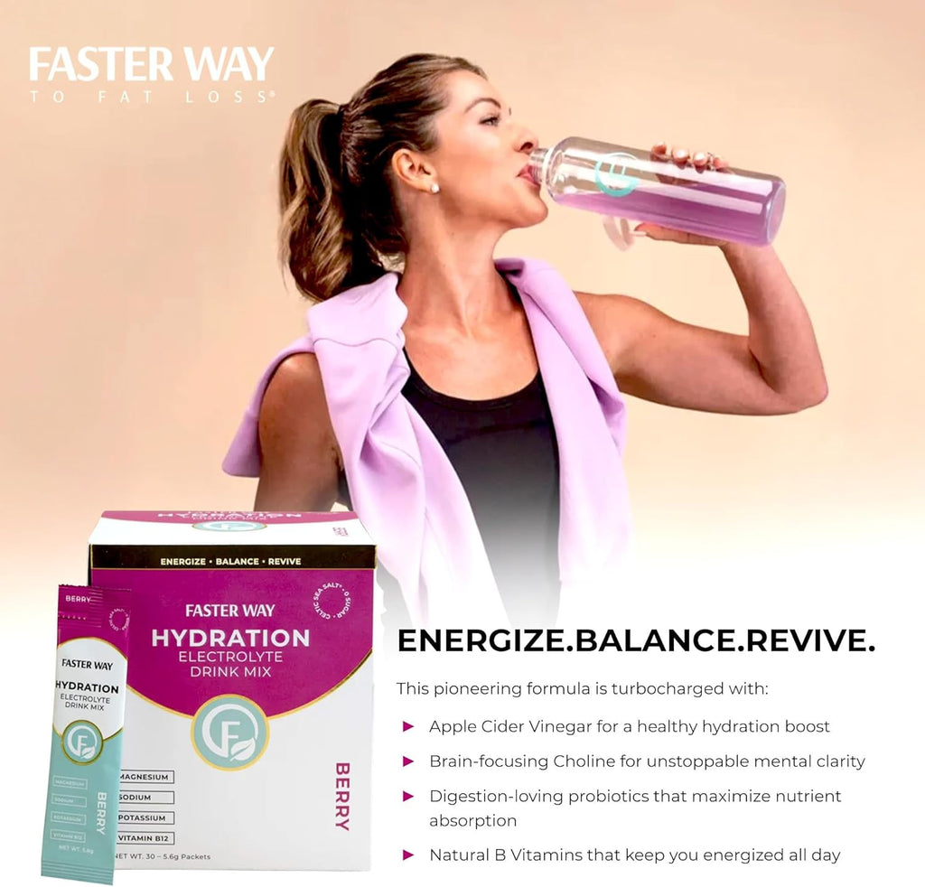 Faster Way - Hydration - Electrolyte Drink Mix - with Apple Cider Vinegar, Choline, Probiotics & Natural B Vitamins - Energize & Revive - Powder Packets - Zero Sugars - Gluten Free - Berry - 30 Pack