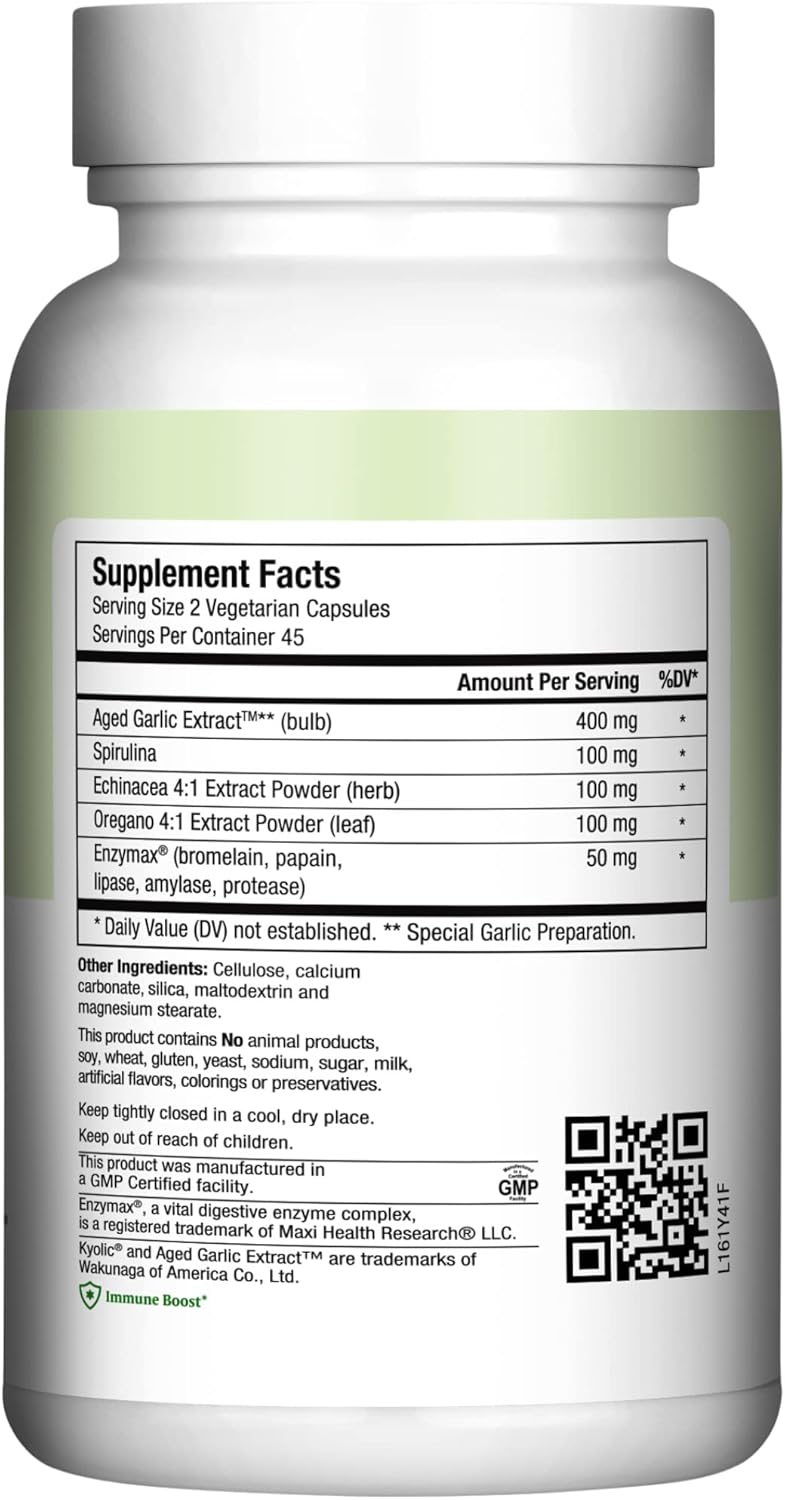Maxi Health - Maxi Biotic Aged Garlic Extract Capsules (90 Count) | Kyolic Garlic Supplement with Spirulina, Echinacea, Oregano and Enzymax - Natural Antioxidant - Wellness Support