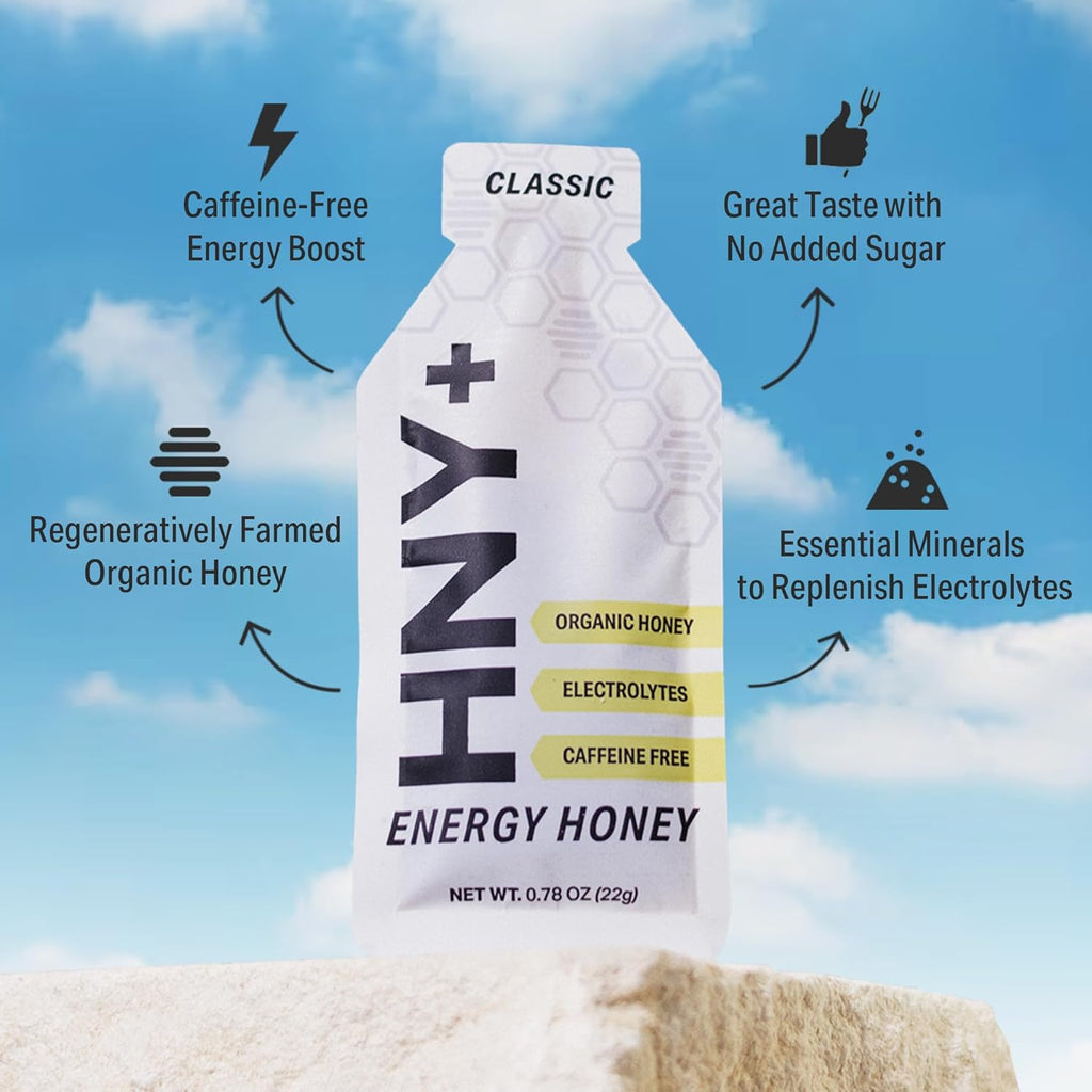HNY+ Organic Honey Energy Gel with Electrolytes, Magnesium, Sea Salt & Potassium, Gluten Free & Vegan, Workout Gels, for Gym, Running, Cycling & Hiking, Sports Nutrition, Caffeine Free, 12 Pack