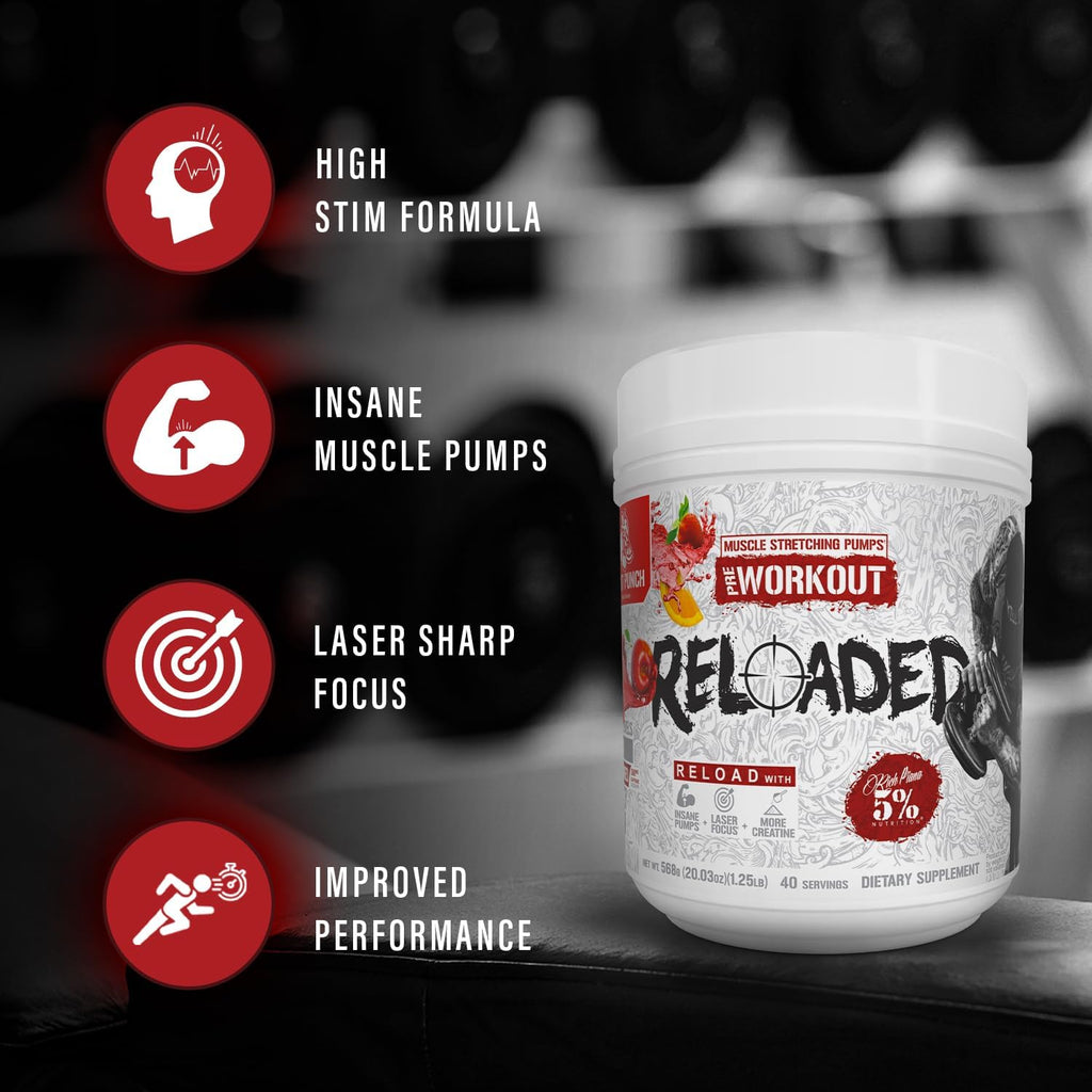 5% Nutrition Reloaded High Stim Pre-Workout | Ultra Energy, Focus, Pumps, Power & Endurance | Citrulline, HydroPrime Glycerol, Nitrosigine, Creatine, Choline, Huperzine A (Wildberry)