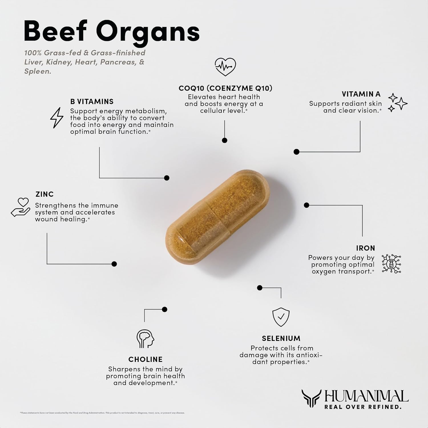 Humanimal Beef Organ Supplement | Beef Organ Capsules | 100% Grass-Fed & Finished, Freeze-Dried | Boosts Whole Body Health | A Blend of Liver, Heart, Kidney, Pancreas & Spleen | Non-GMO, 180 Capsules